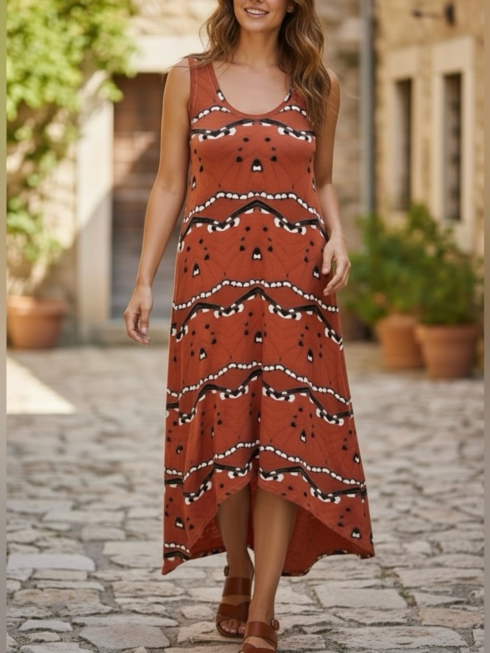 Fresh Produce Burnt Orange Southwestern High-Low Maxi Tank Dress - Extra Small